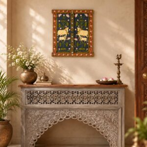Hand painted Wooden Jharokha Window Frame with Blue Lotus & Royal Kamdhenu Pichwai Art (24" x 21")