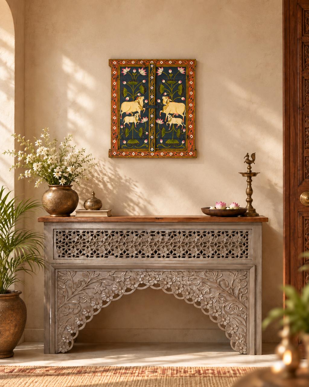 Hand painted Wooden Jharokha Window Frame with Blue Lotus & Royal Kamdhenu Pichwai Art (24" x 21")