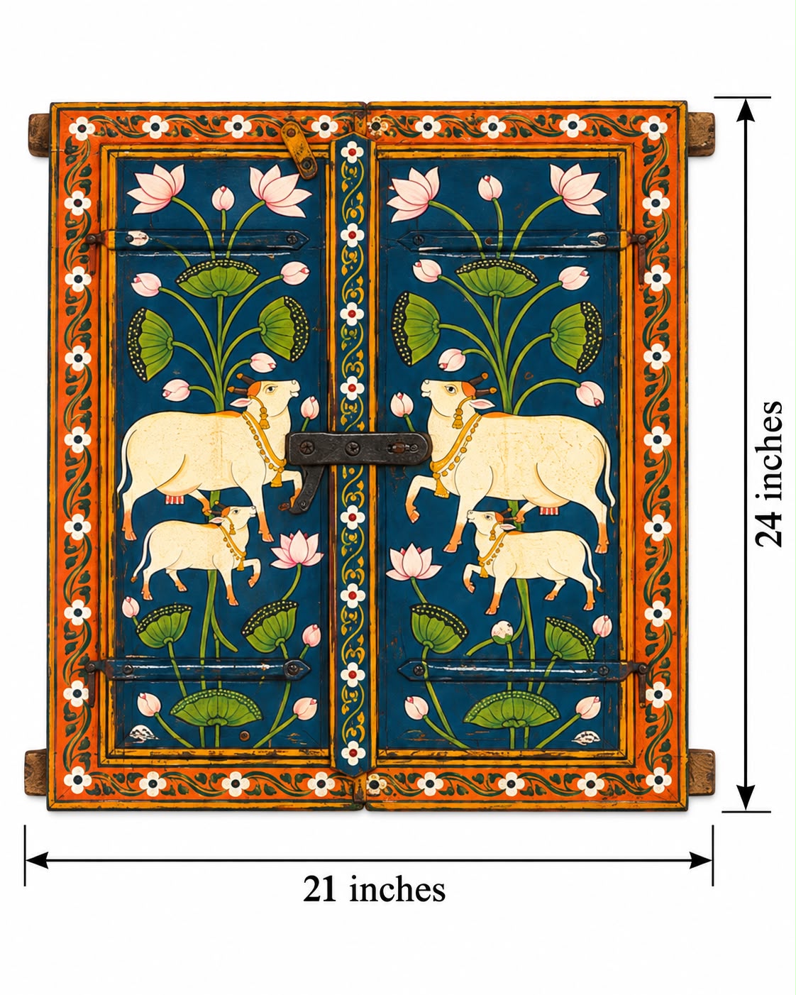 Hand painted Wooden Jharokha Window Frame with Blue Lotus & Royal Kamdhenu Pichwai Art (24" x 21") - Image 2