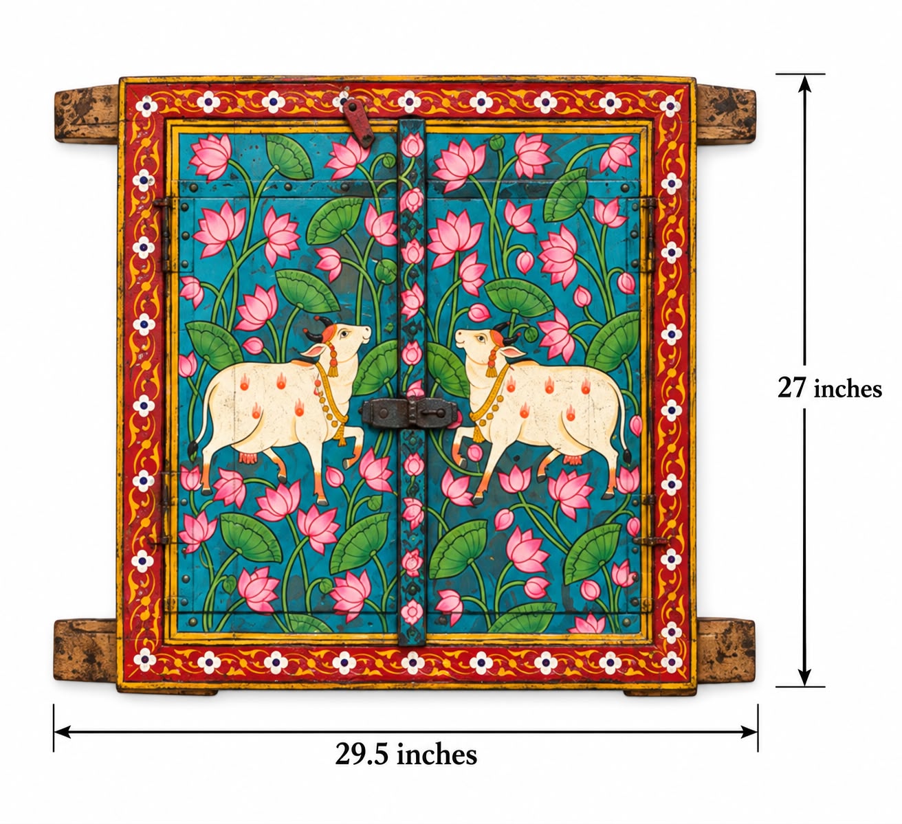 Handpainted Wooden Jharokha Window Frame with Lotus & Kamdhenu Pichwai Art (27" x 29.5") - Image 2