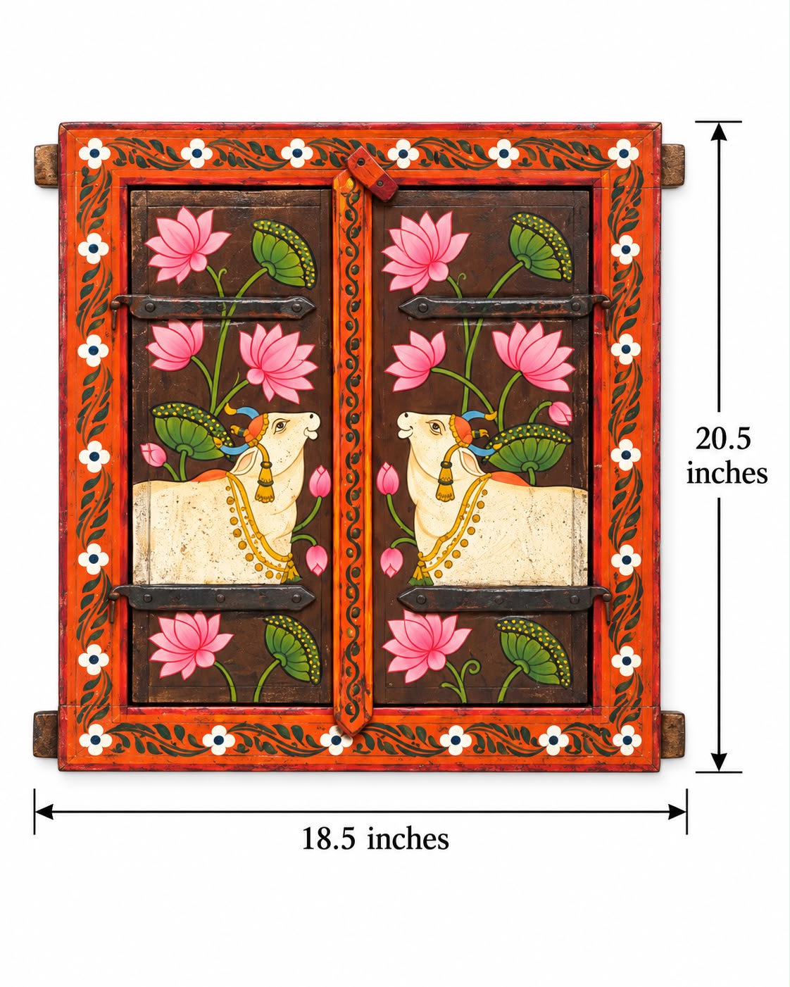 Handpainted Wooden Jharokha Window Frame with Lotus & Kamdhenu Pichwai Art (20.5" x 18.5") - Image 2