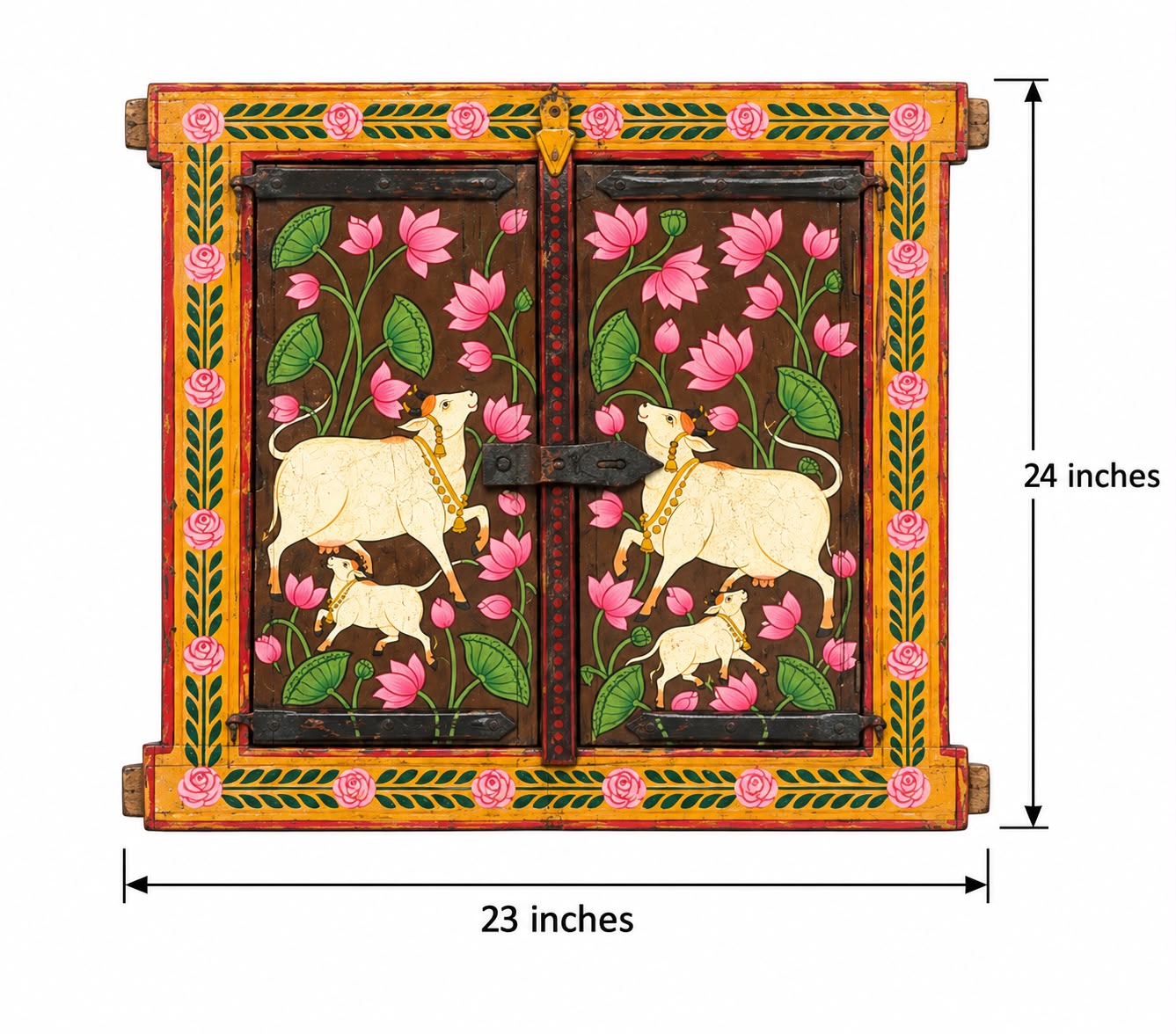 Hand painted Wooden Jharokha Window Frame with Rose Border Lotus & Kamdhenu Pichwai Art (24" x 23") - Image 2